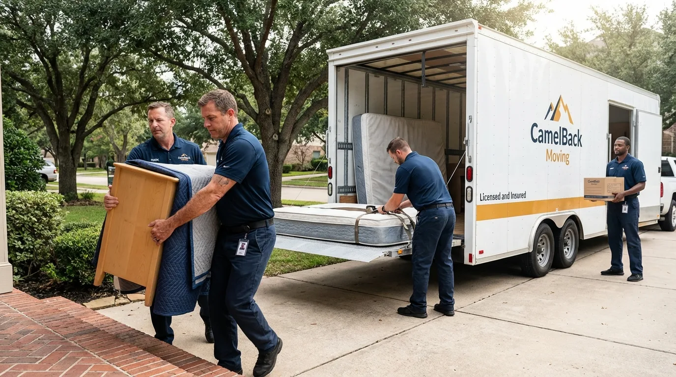 Crew loading residential truck for cross-state move from Oakhurst, CA