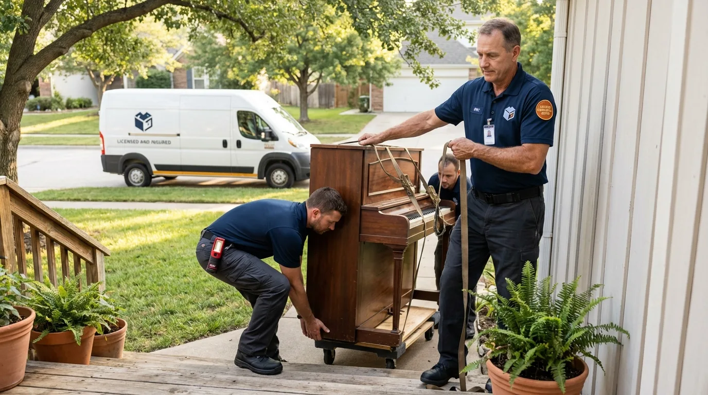 Licensed piano movers securing grand piano in Oakhurst, CA