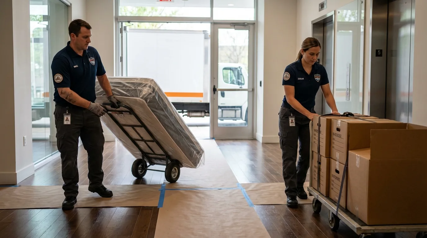 Professional apartment movers loading elevator in Oakhurst, CA