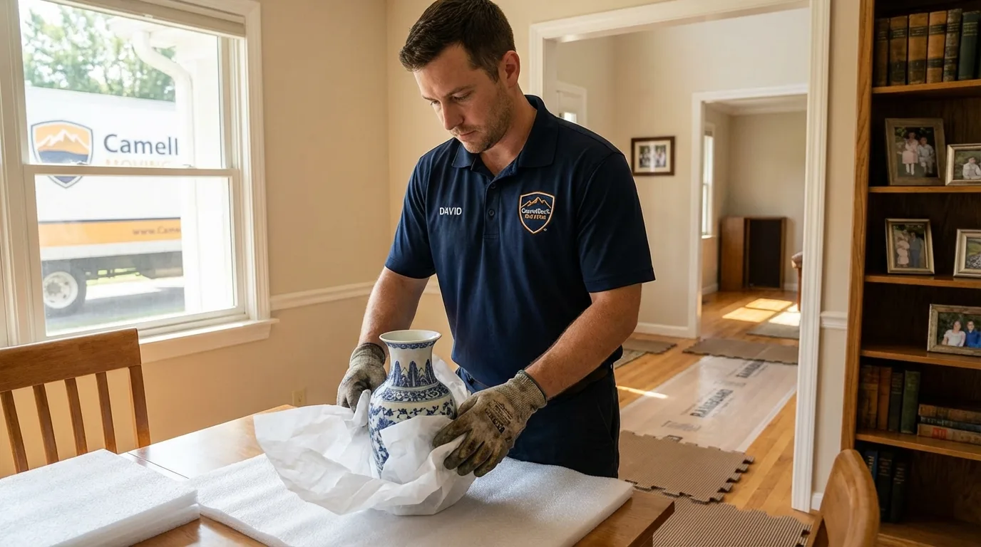 Professional crew carefully wrapping antique vase for senior downsizing move in Oakhurst, CA