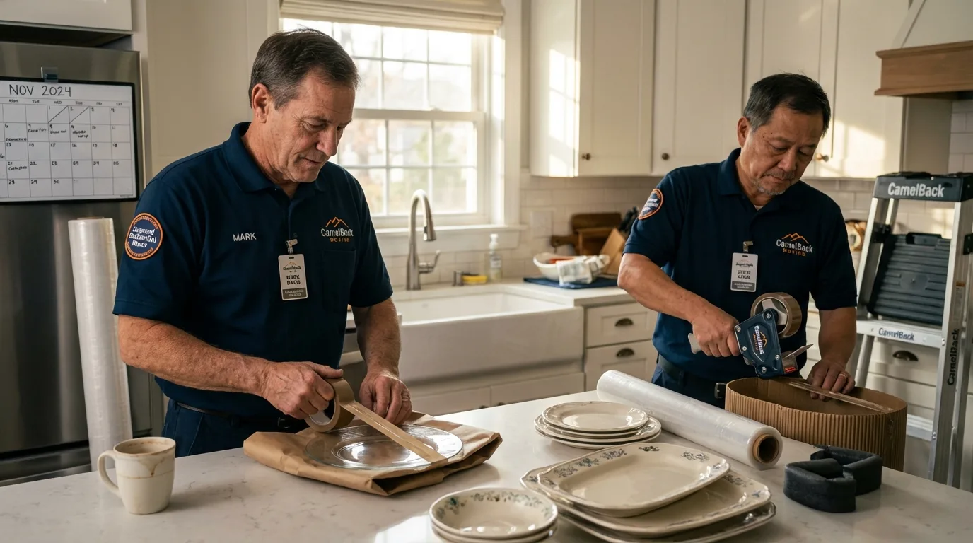Professional crew packing kitchen dishware in Oakhurst, CA